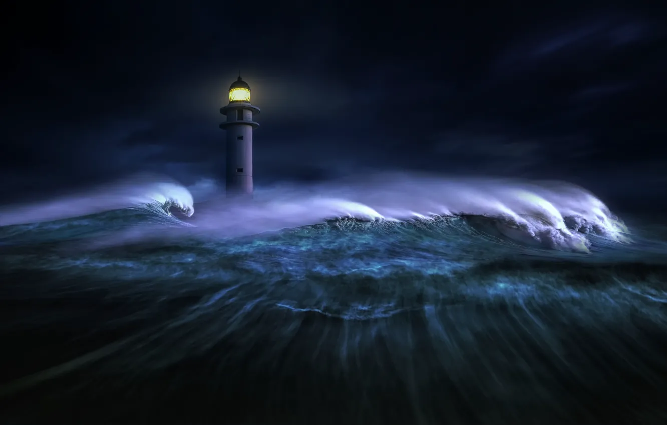 Photo wallpaper sea, wave, light, night, darkness, graphics, lighthouse, digital art