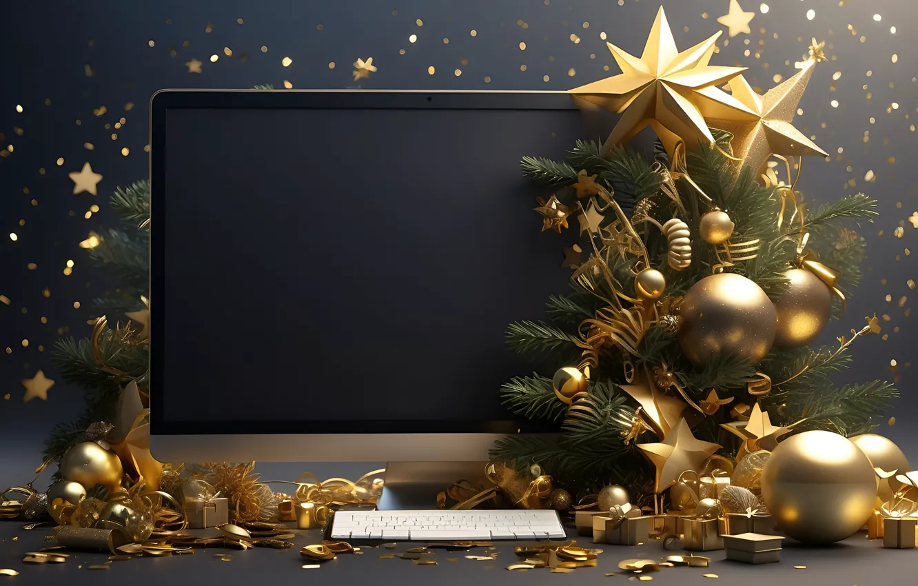 Photo wallpaper computer, stars, balls, branches, the dark background, gold, Shine, new year