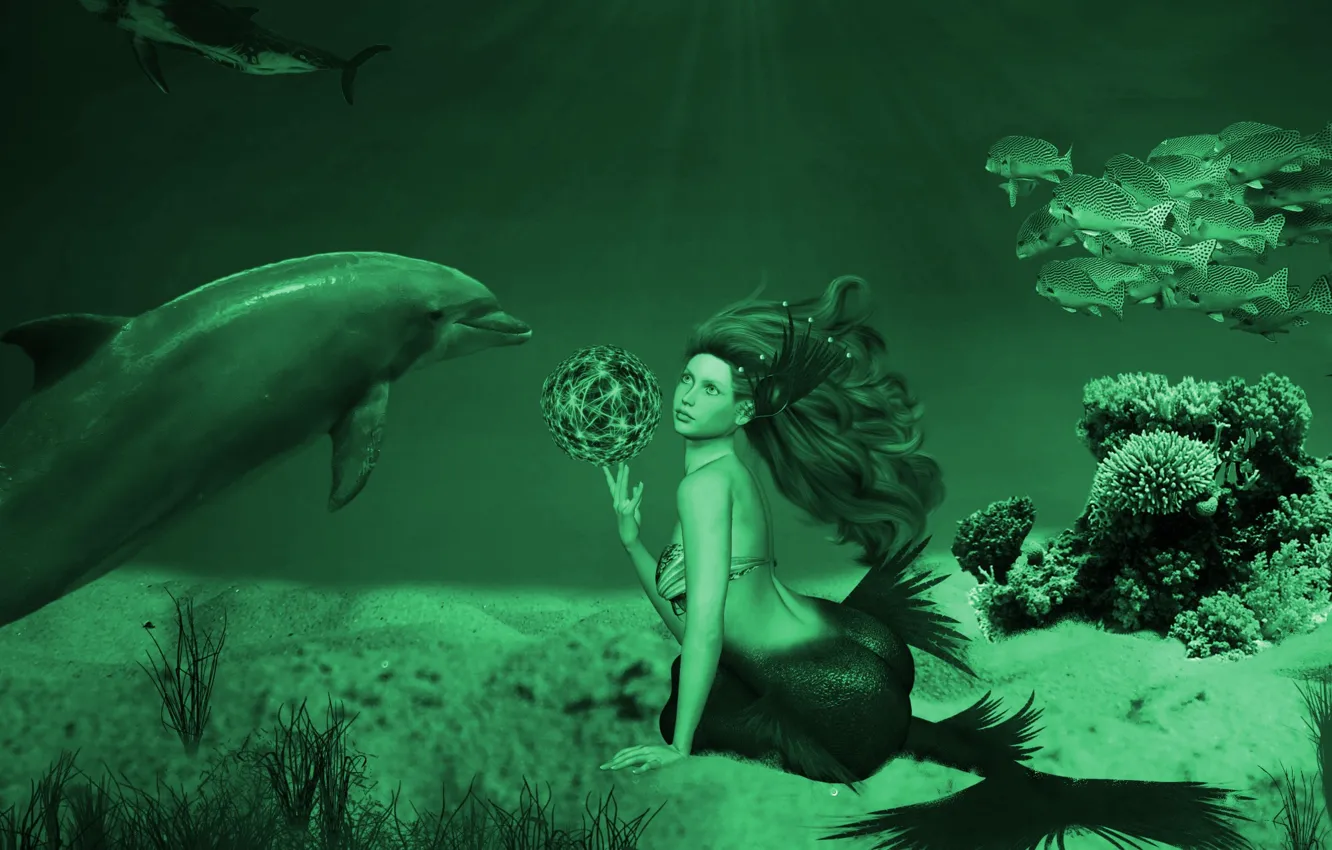 Photo wallpaper look, girl, pose, rendering, fantasy, fiction, balls, mermaid