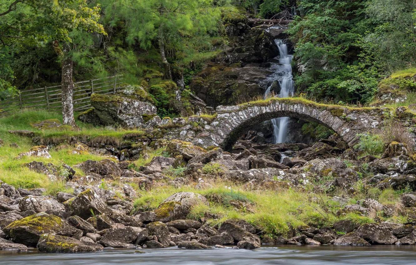 Photo wallpaper forest, bridge, river, stones, waterfall, Scotland, Scotland, Highlands