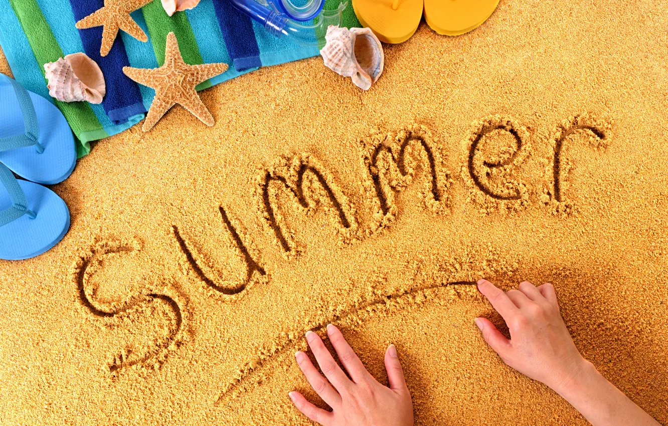 Photo wallpaper summer, beach, sand, sunny day, vacation, seashells