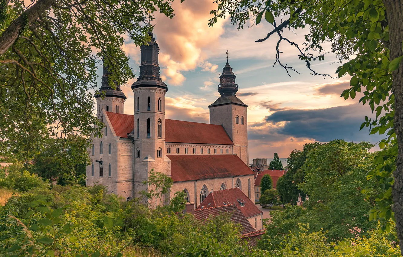 Photo wallpaper nature, building, tower, Sweden, Sweden, Visby Cathedral