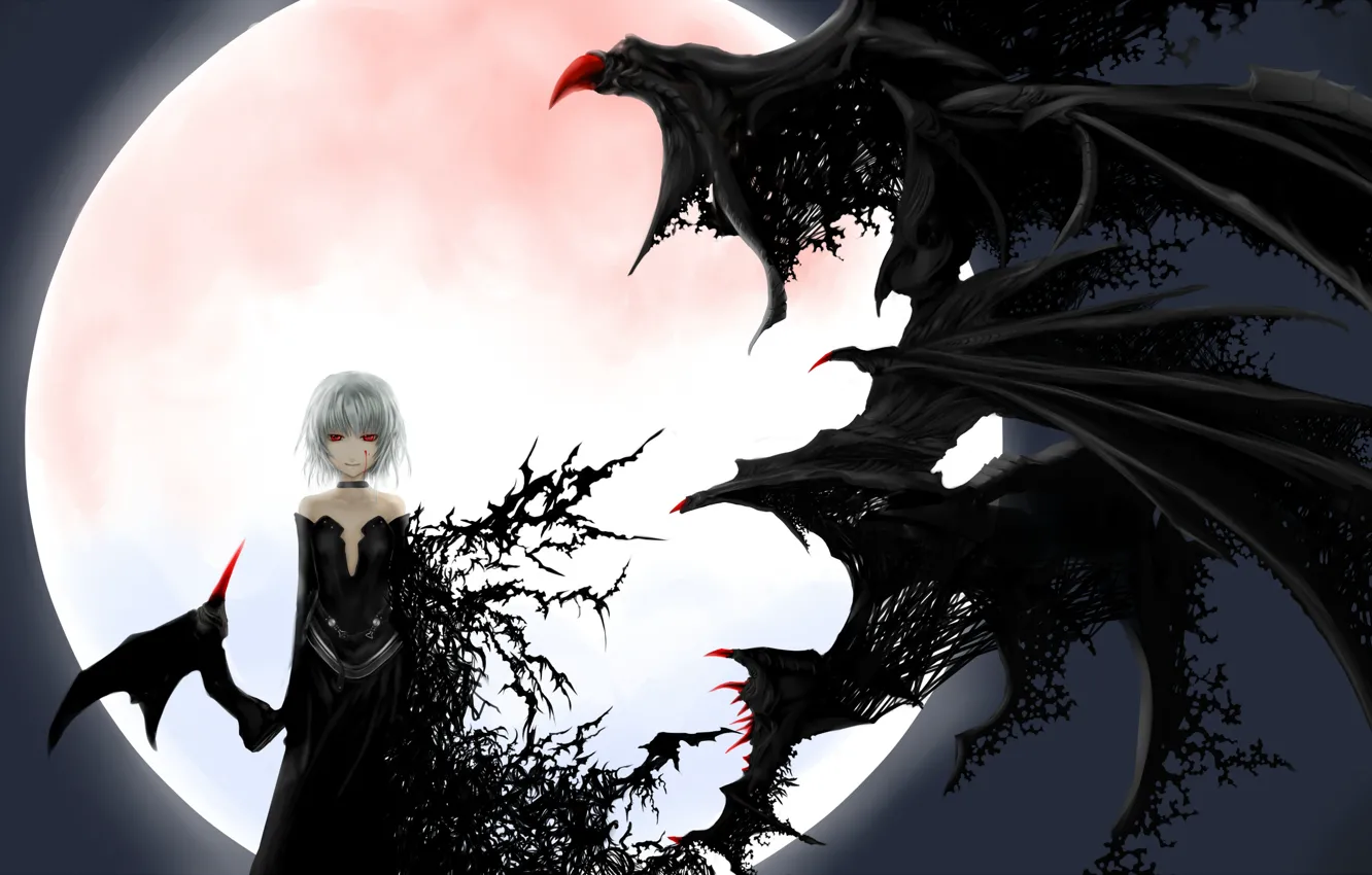 Photo wallpaper night, bat, black dress, red eyes, art, transformation, vampire, black wings