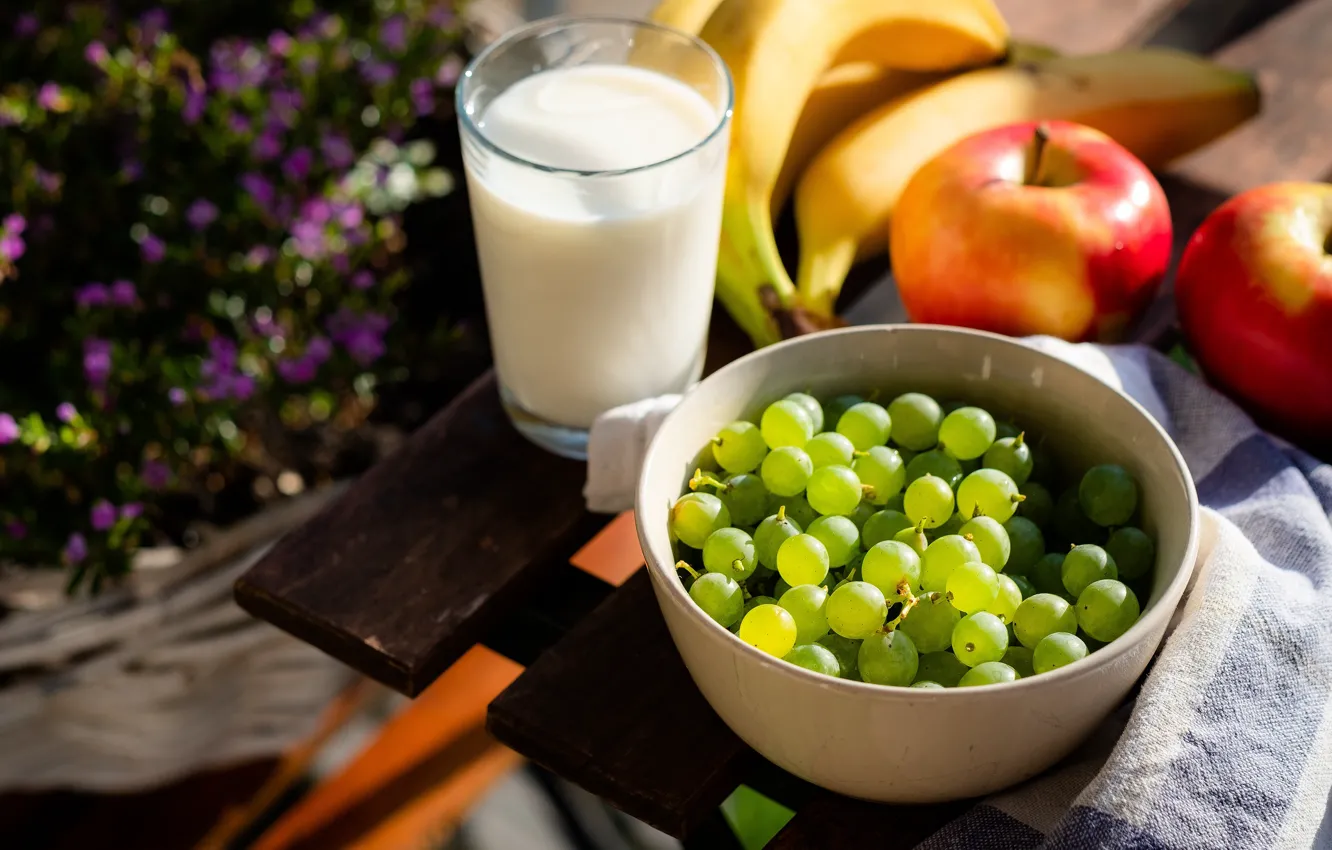 Photo wallpaper summer, light, flowers, glass, table, apples, Board, food