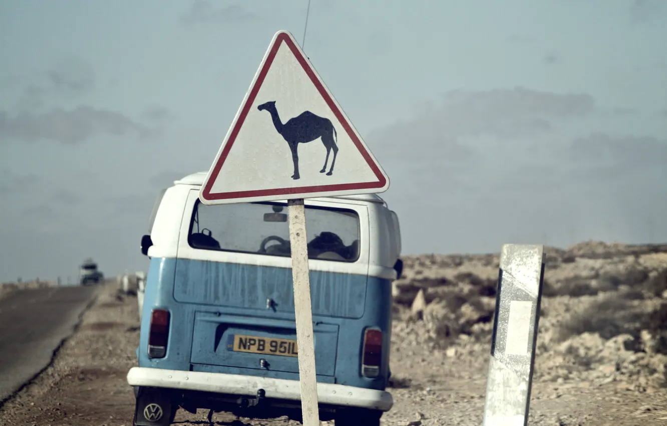 Photo wallpaper road, the sky, clouds, sign, desert, Volkswagen, camel, back