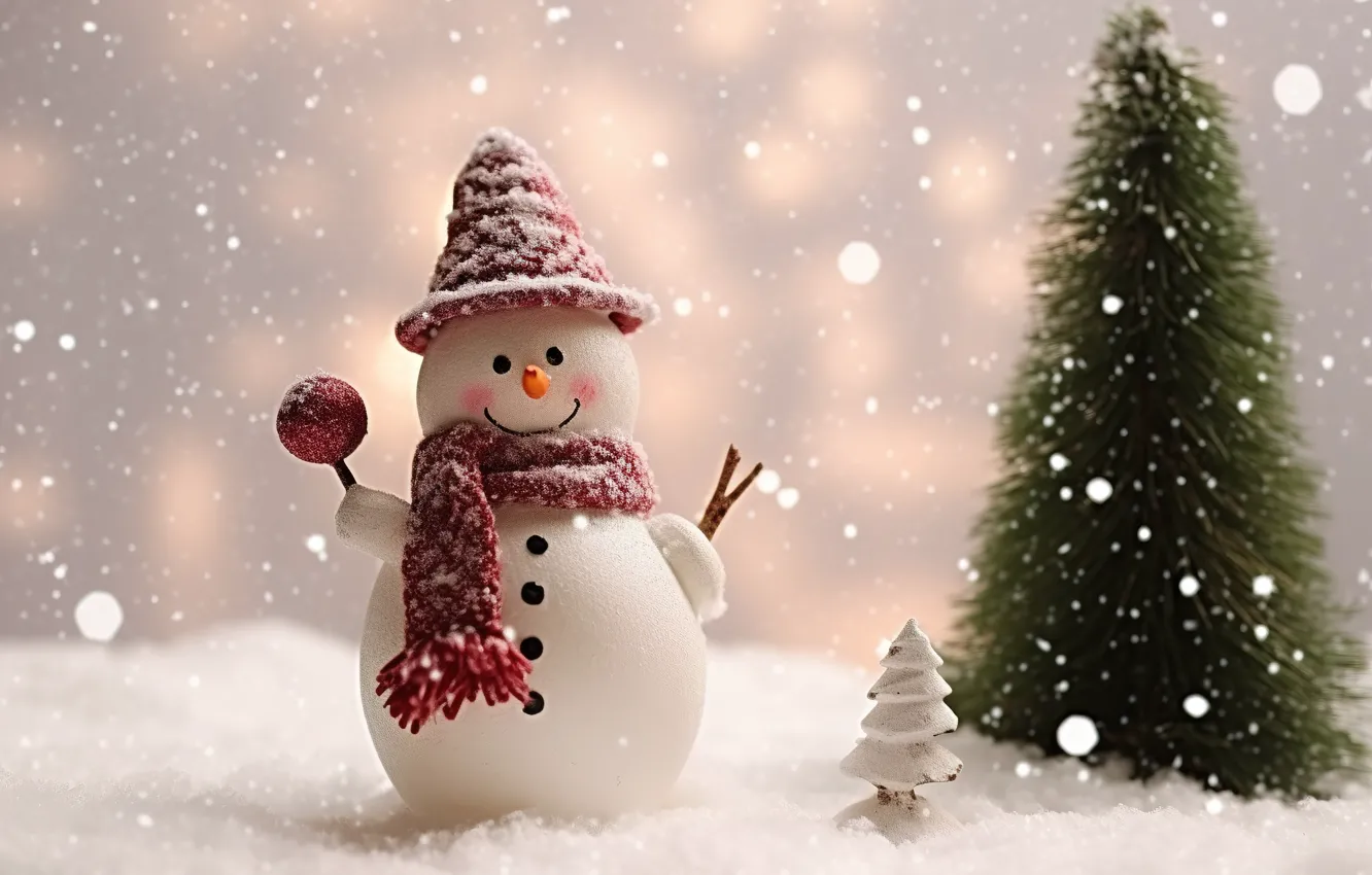 Photo wallpaper winter, snow, tree, New Year, Christmas, snowman, Christmas, winter