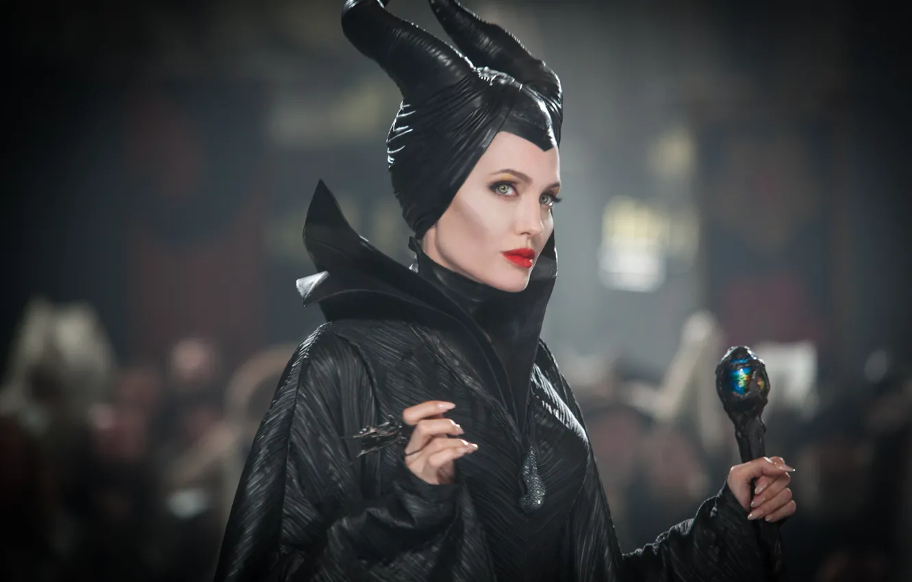 Photo wallpaper green, Angelina Jolie, wallpaper, red, Action, fantasy, black, horns