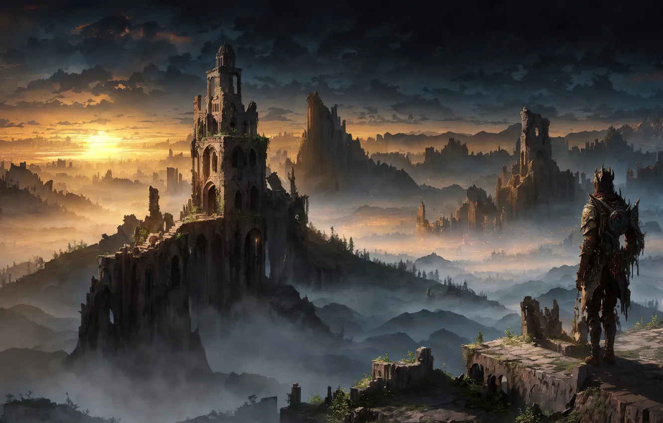Photo wallpaper landscape, sunset, art, painting, ruins, castle, digital art, Dale