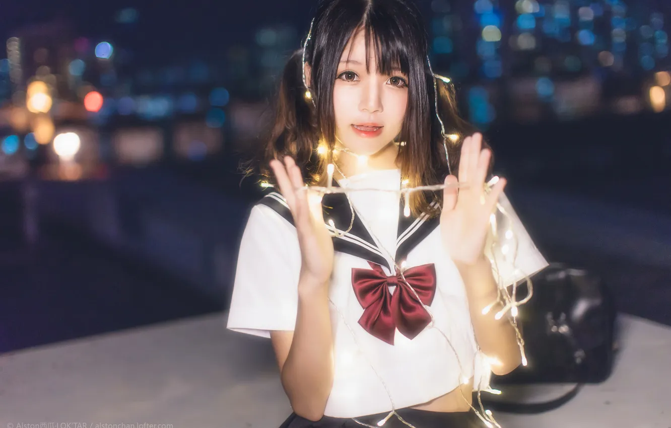 Photo wallpaper lights, woman, smile, night, beautiful, model, pretty, asian