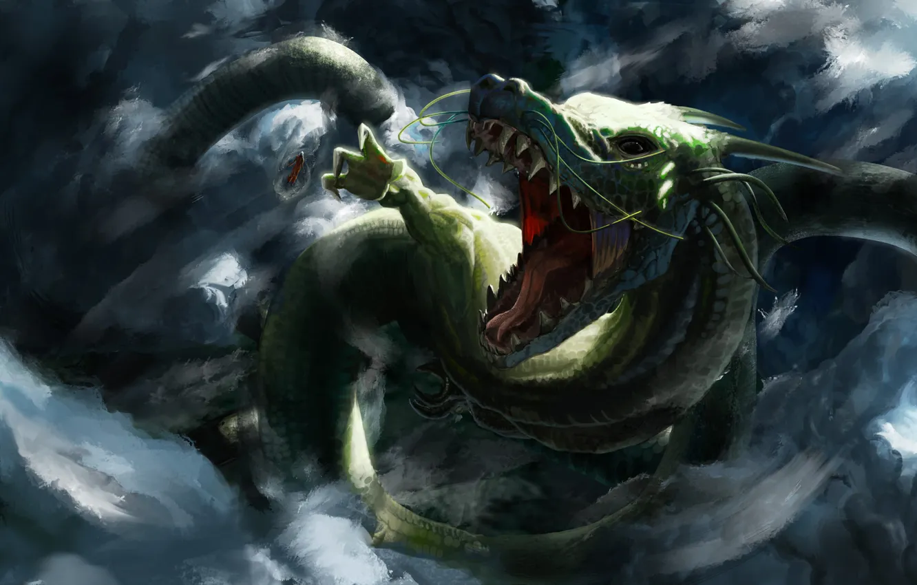 Photo wallpaper mustache, clouds, flight, dragon, people, art, mouth, in the sky