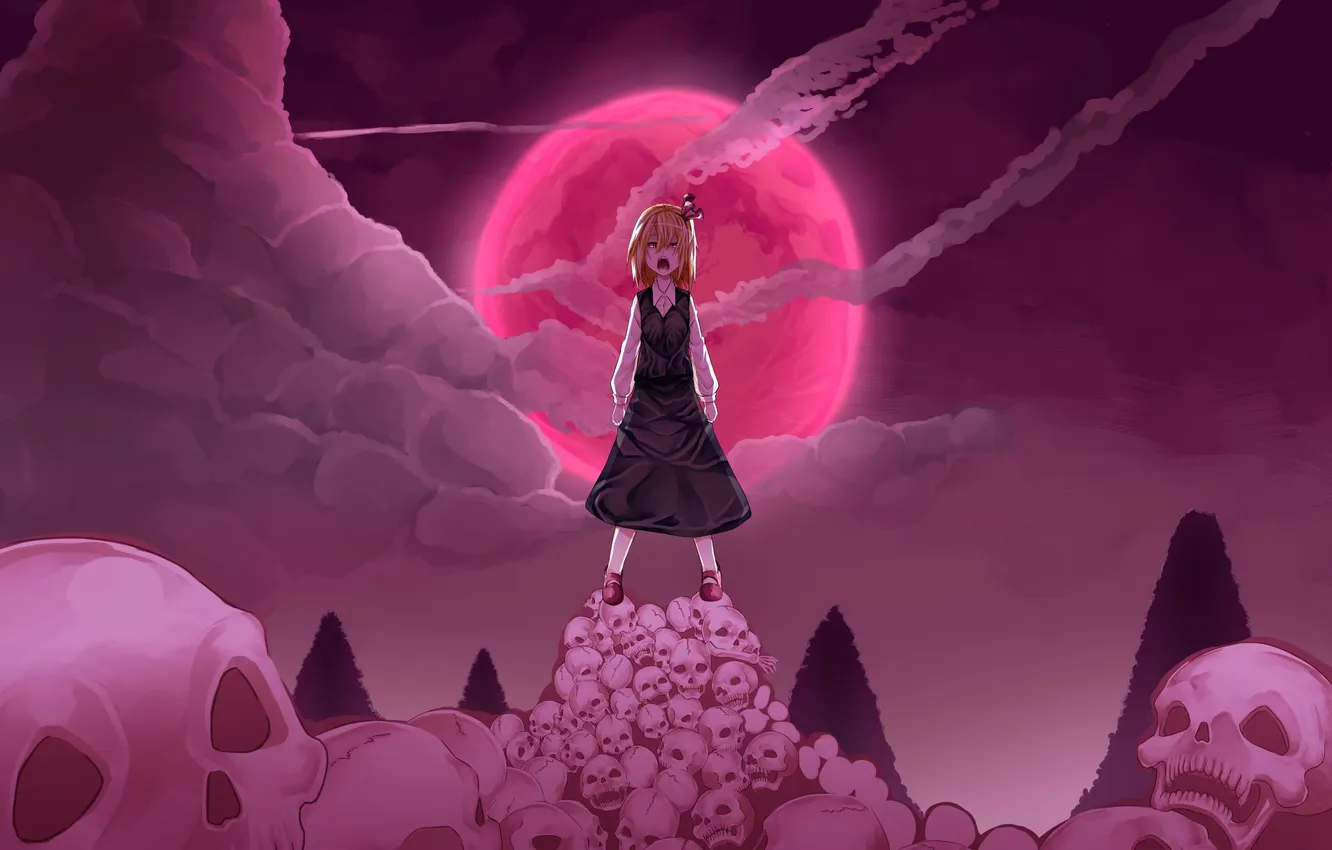 Photo wallpaper girl, clouds, the moon, skull, art, touhou, rumia, uu uu zan