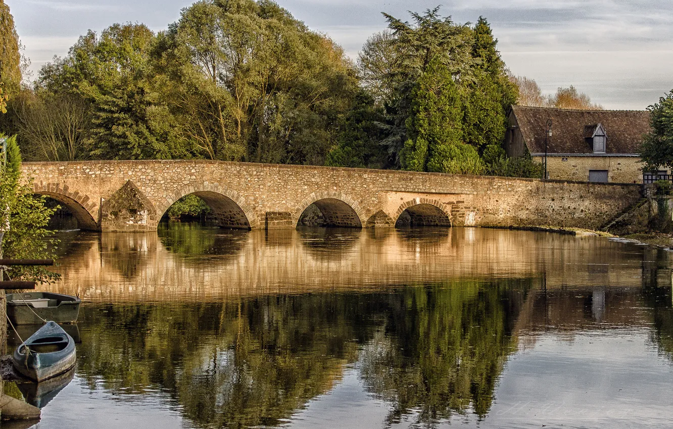 Photo wallpaper trees, bridge, reflection, river, boat, France, home, France