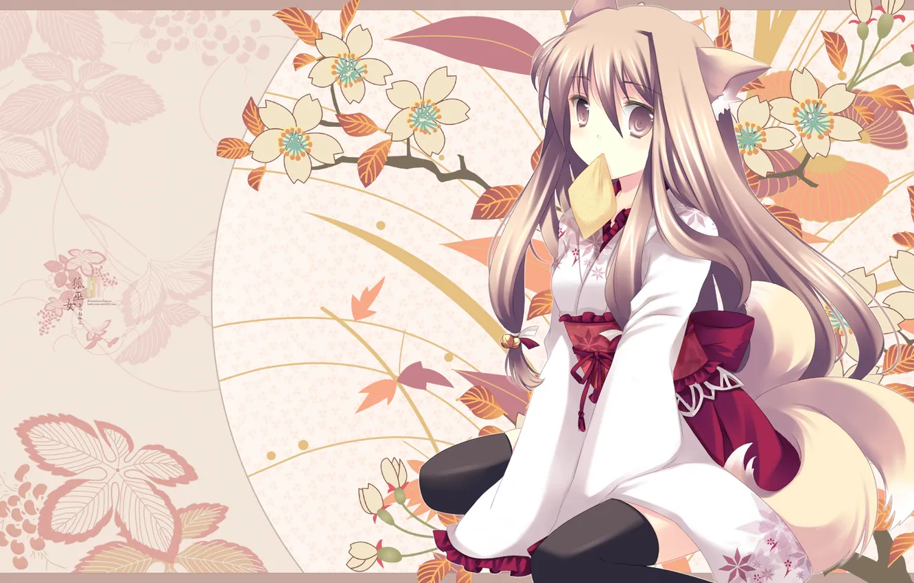 Photo wallpaper flowers, kimono, Fox, Foxgirl