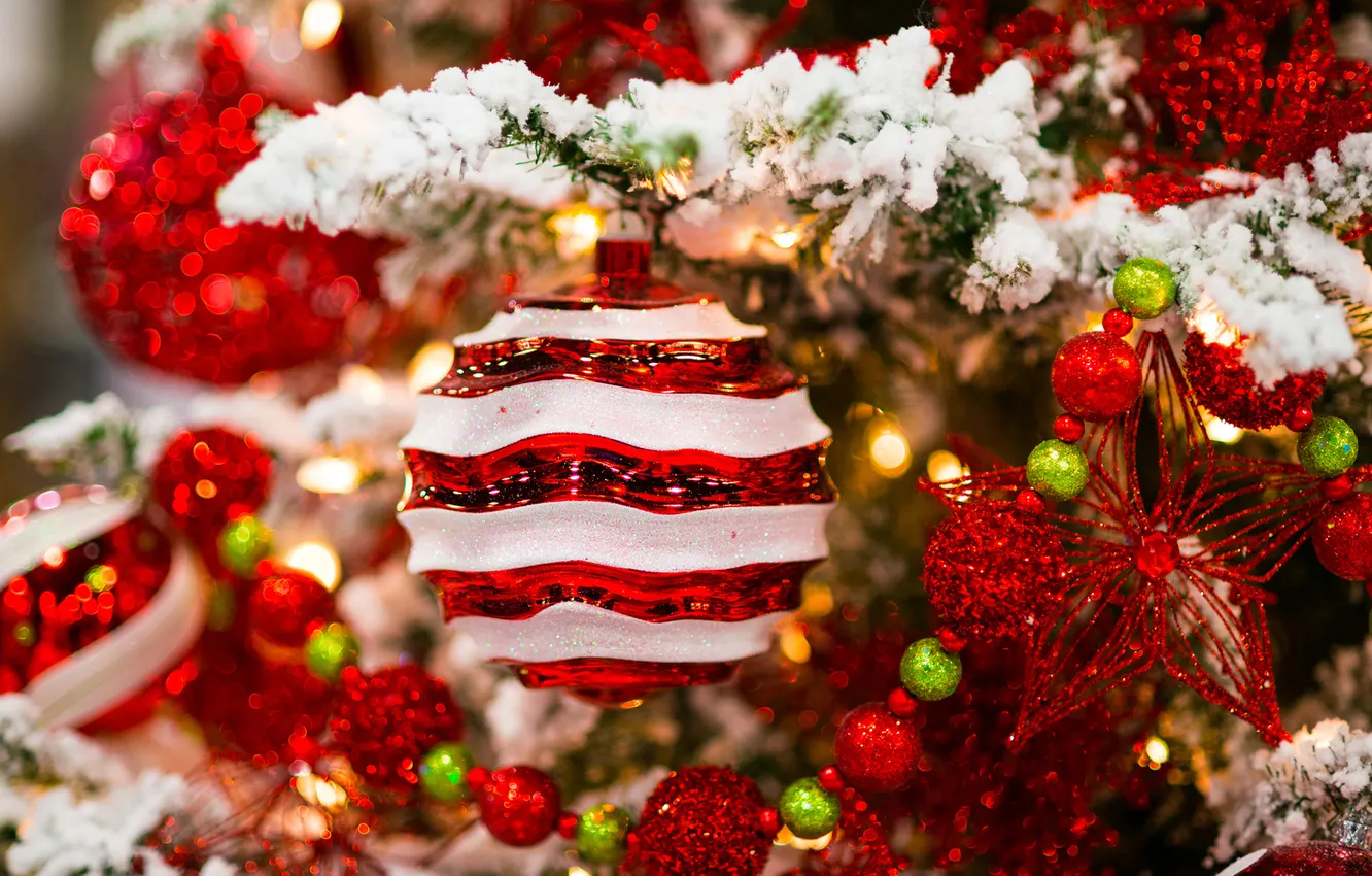 Photo wallpaper winter, balls, snow, decoration, branches, holiday, toy, beads