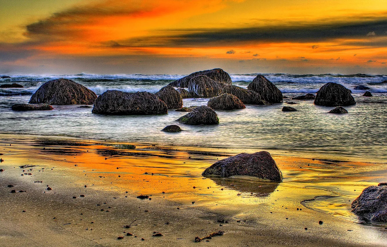 Photo wallpaper sea, beach, the sky, clouds, landscape, sunset, nature