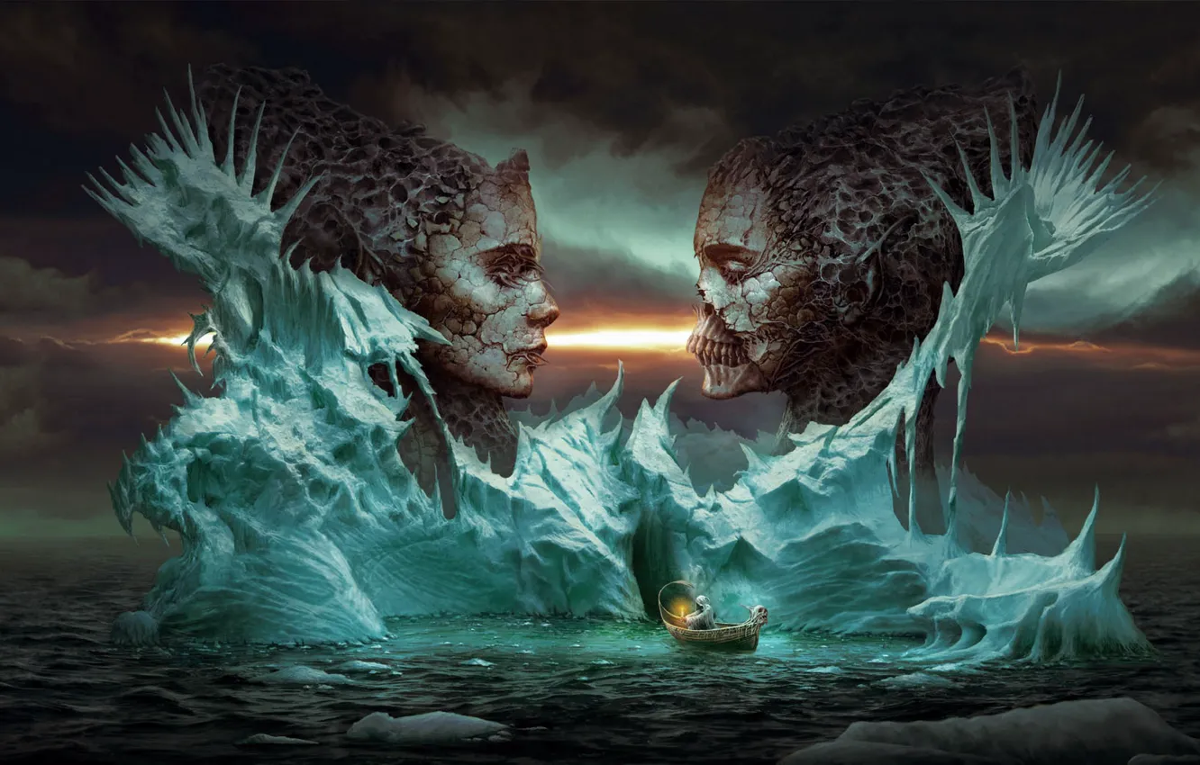 Photo wallpaper girl, face, skull, iceberg