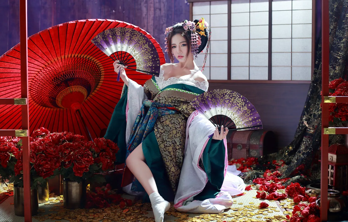 Photo wallpaper girl, flowers, umbrella, geisha, kimono, Asian, fans