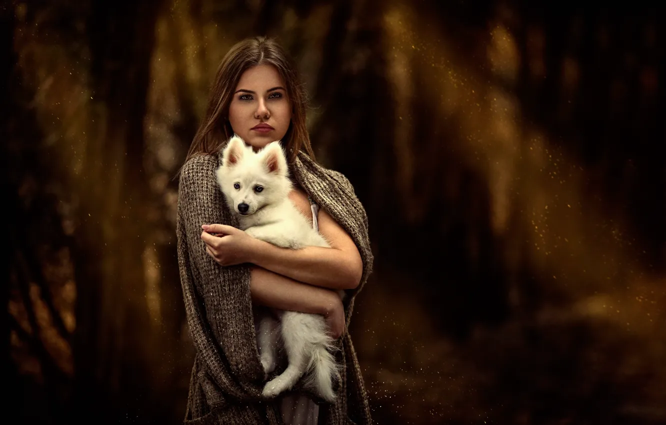 Photo wallpaper white, girl, puppy, dog