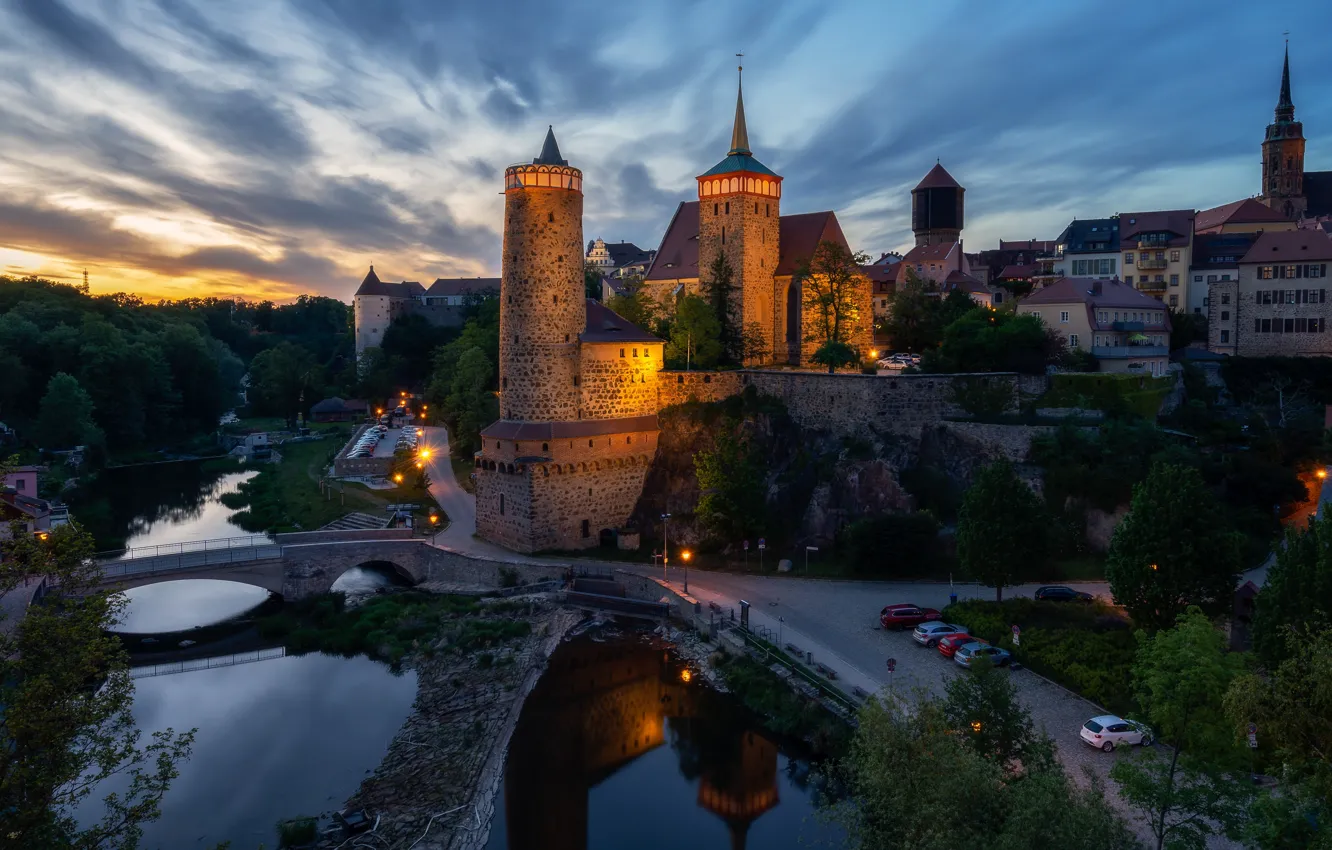 Photo wallpaper the sky, trees, lights, river, castle, home, the evening, Germany
