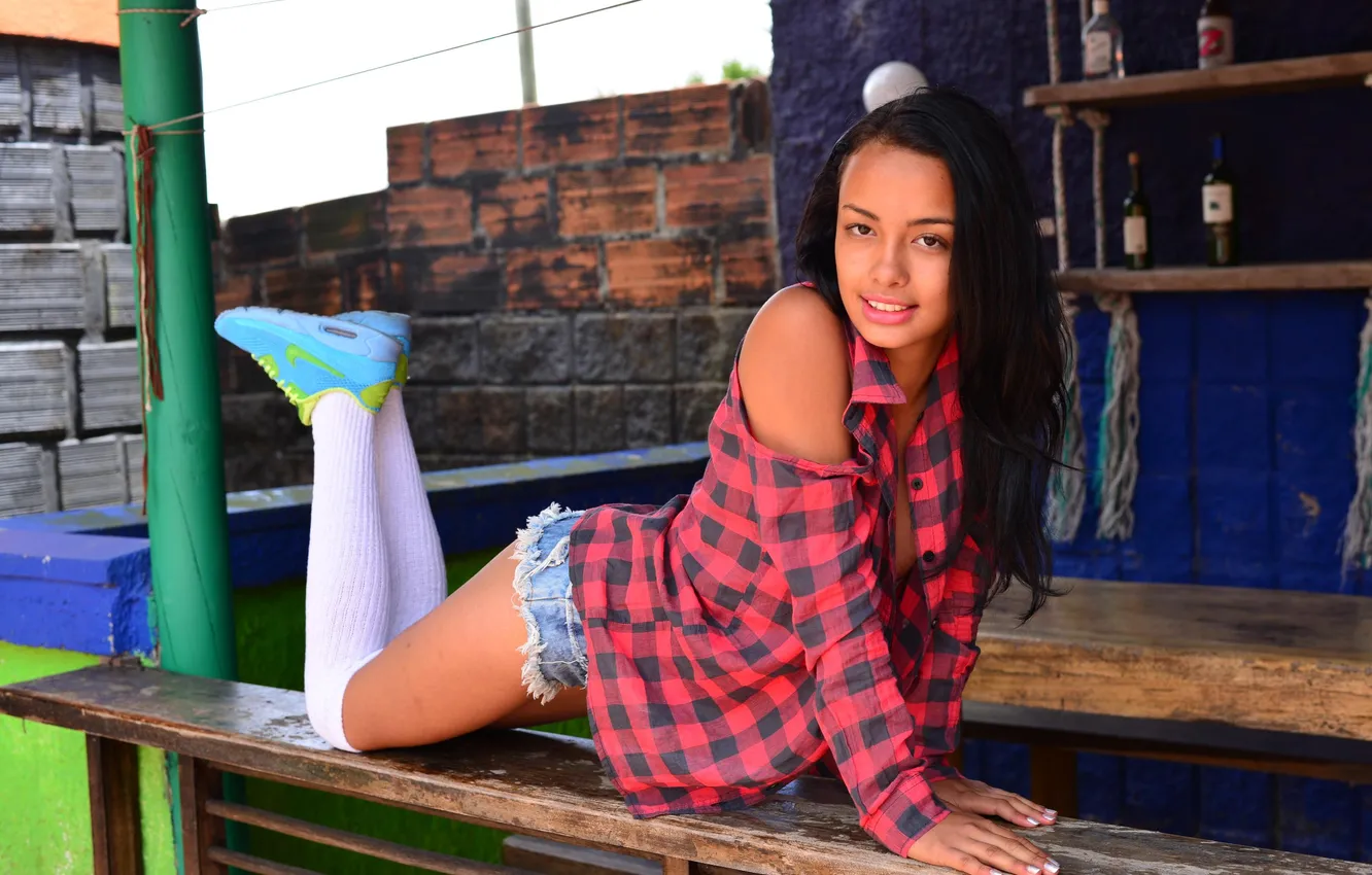Photo wallpaper girl, shorts, beautiful, jeans, brunette, cute, shirt, sneakers