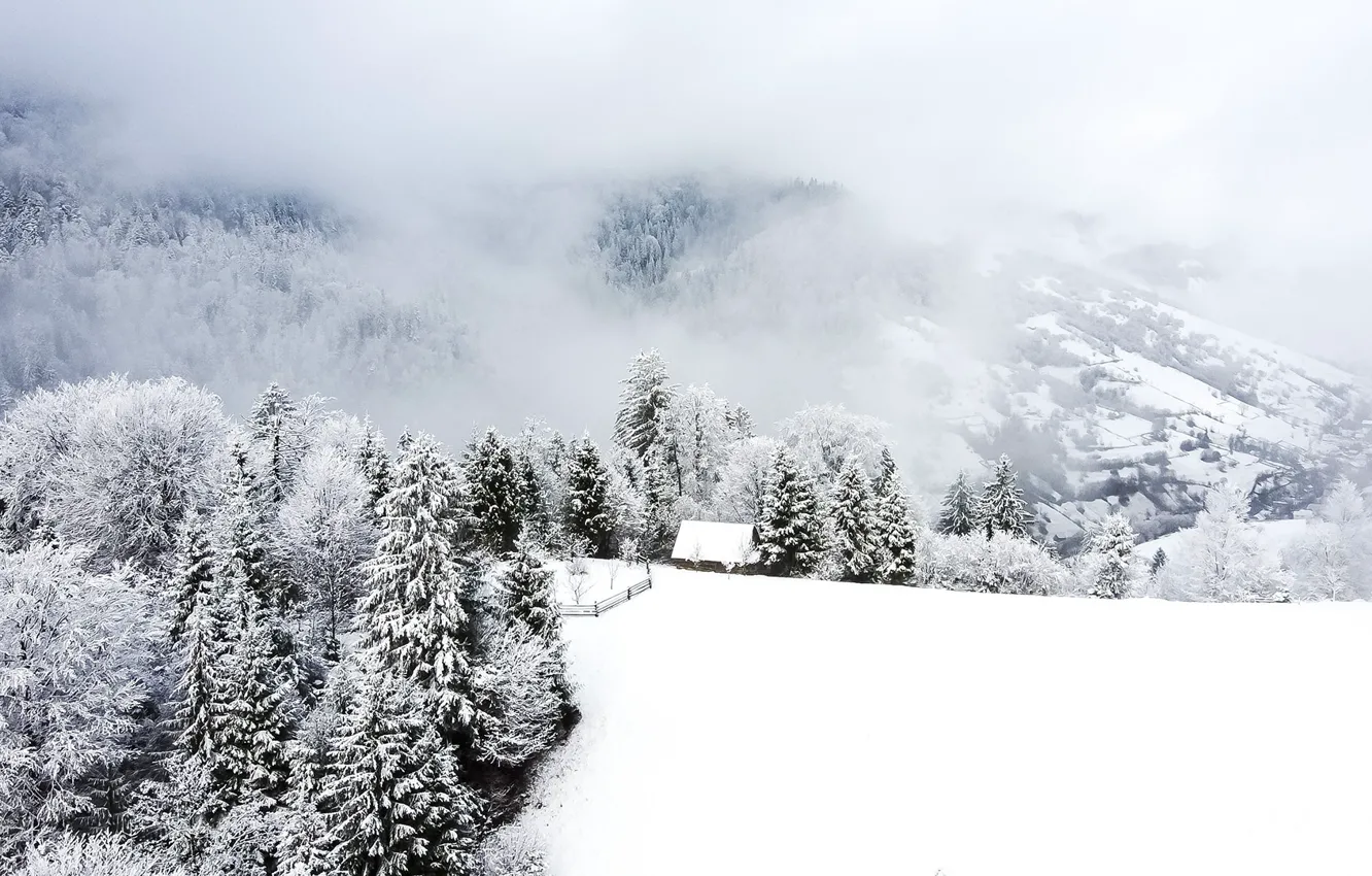 Photo wallpaper winter, mountains, Carpathians, the cabin in the mountains