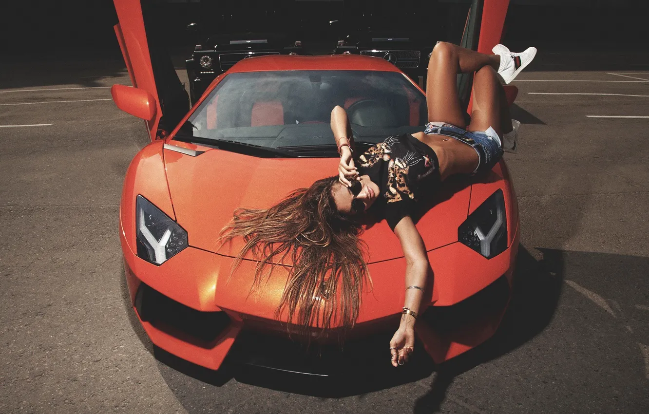 Photo wallpaper Lamborghini, girl, orange, LP700-4, Aventador