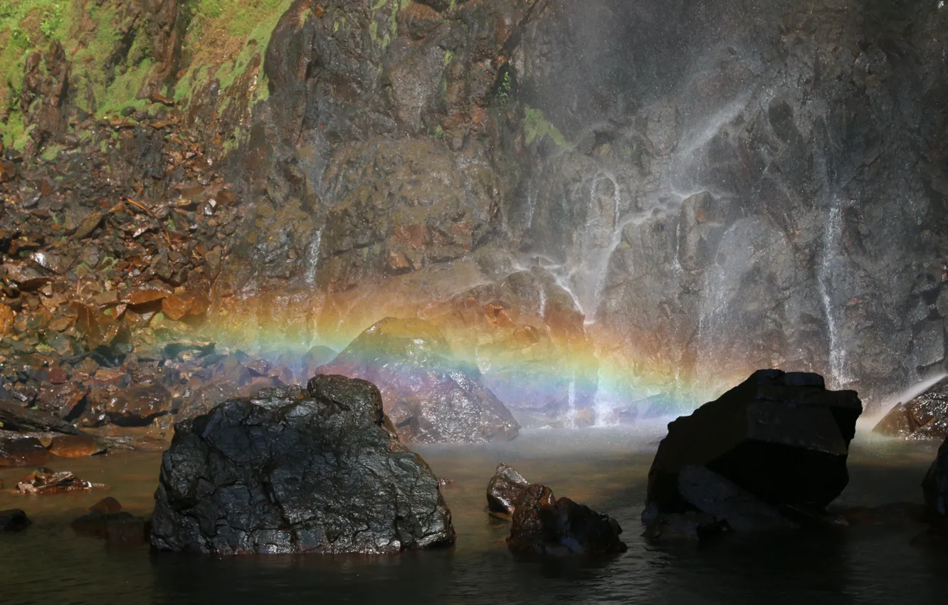 Photo wallpaper Waterfall, Rocks, Stones, Rainbow, Rainbow, Nature, Waterfall, Malaysia