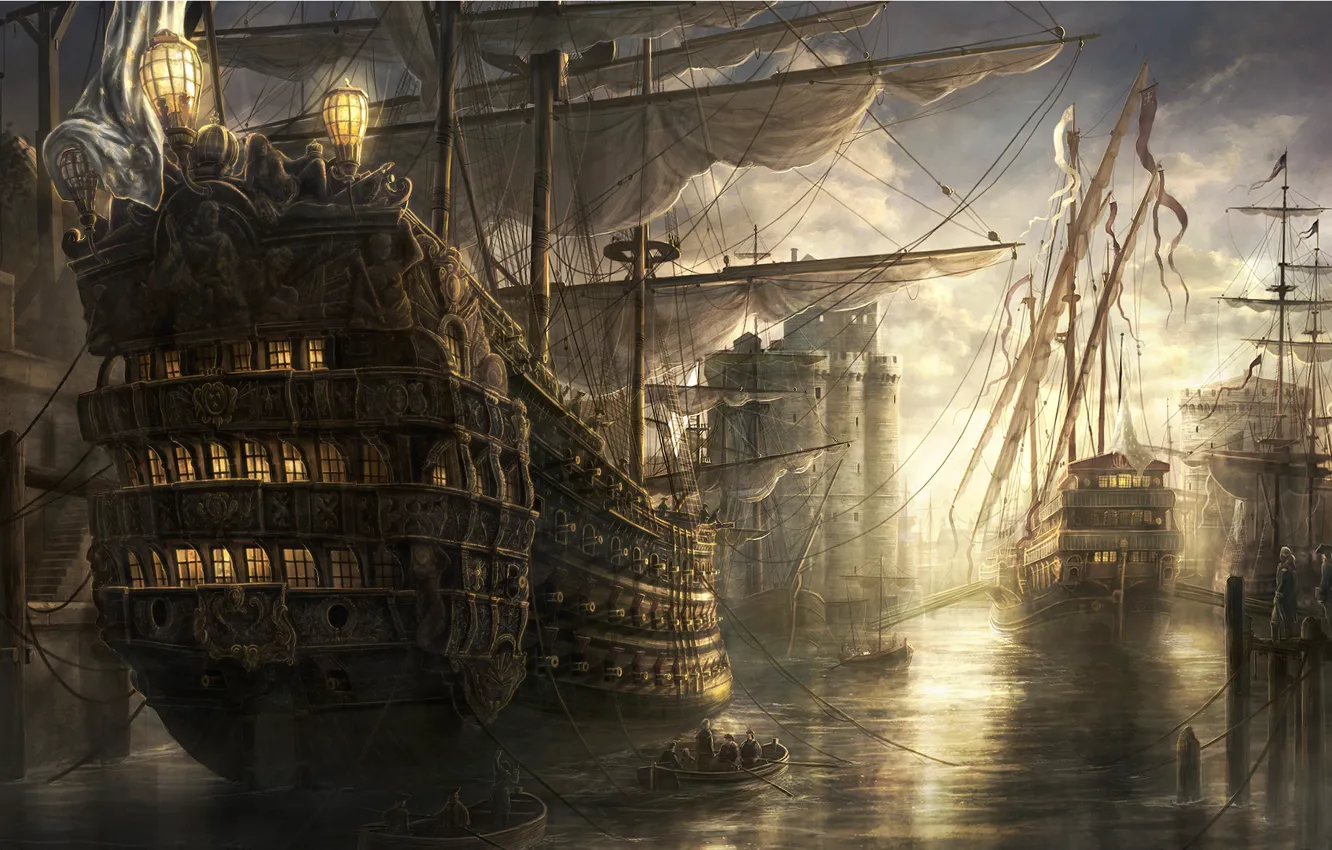 Photo wallpaper sea, castle, ships