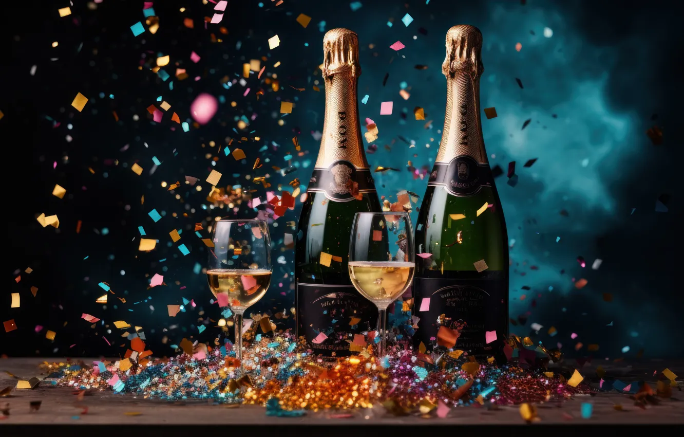 Photo wallpaper lights, holiday, wine, Shine, glass, bottle, new year, Christmas