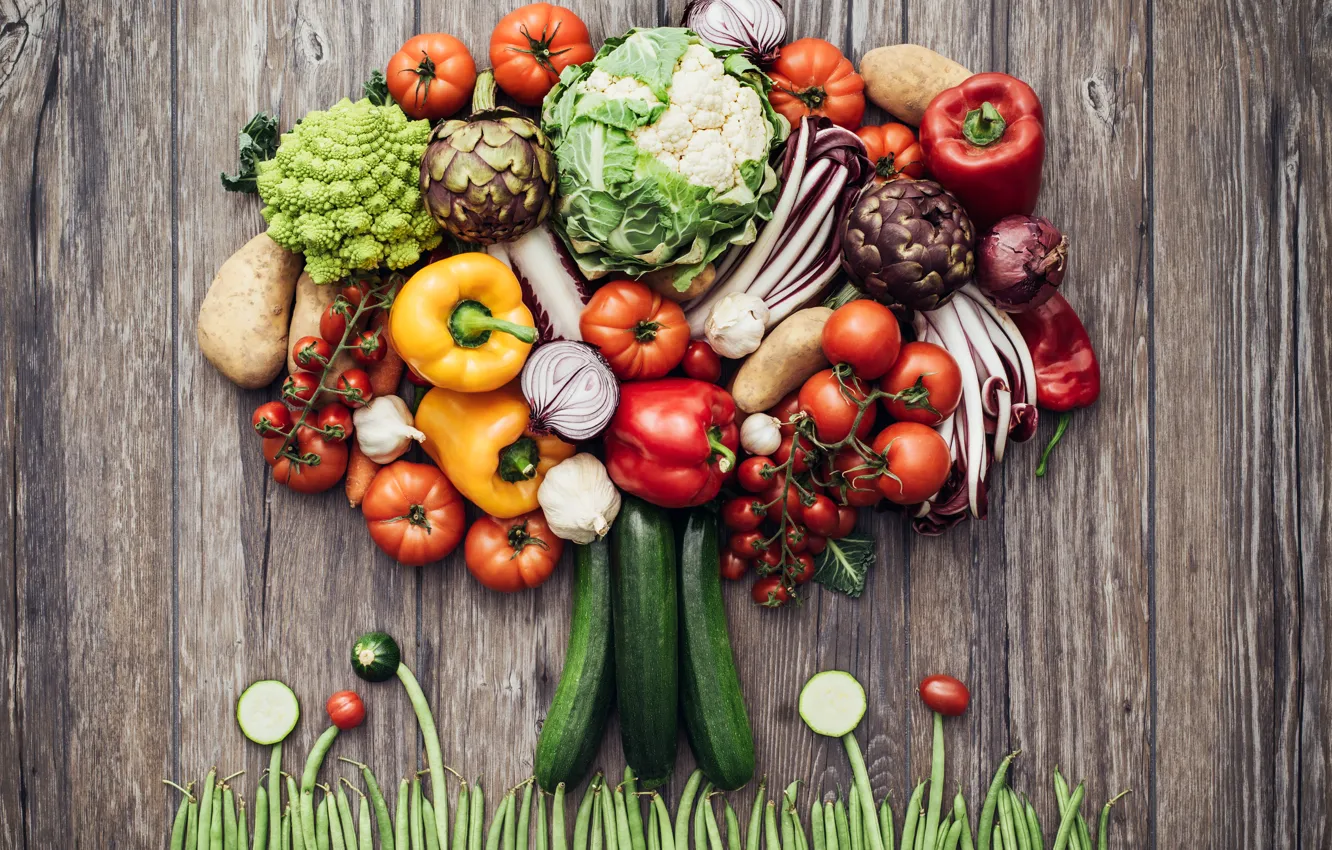 Photo wallpaper grass, trees, creative, bow, peas, pepper, vegetables, tomatoes