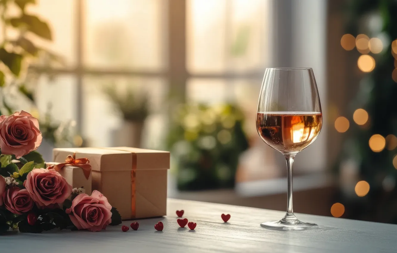 Photo wallpaper love, flowers, table, holiday, box, gift, wine, heart