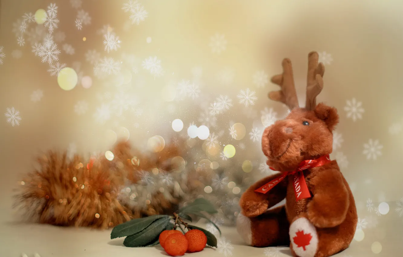 Photo wallpaper light, snowflakes, toy, new year, deer, Christmas, sitting, needles