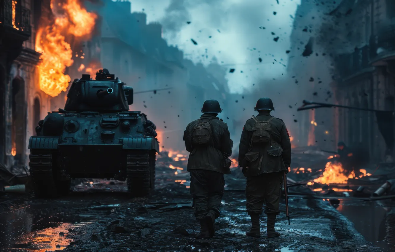 Photo wallpaper lights, home, the evening, soldiers, tank, devastation, WWII, The great Patriotic war