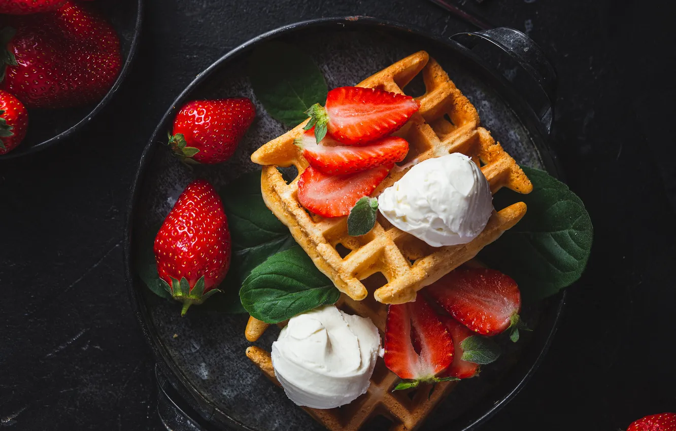 Photo wallpaper berries, the dark background, strawberry, waffles, sour cream, pan, Basil