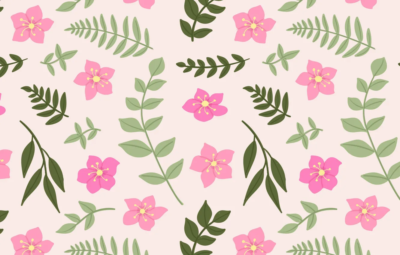 Photo wallpaper leaves, flowers, pattern, pink, vintage