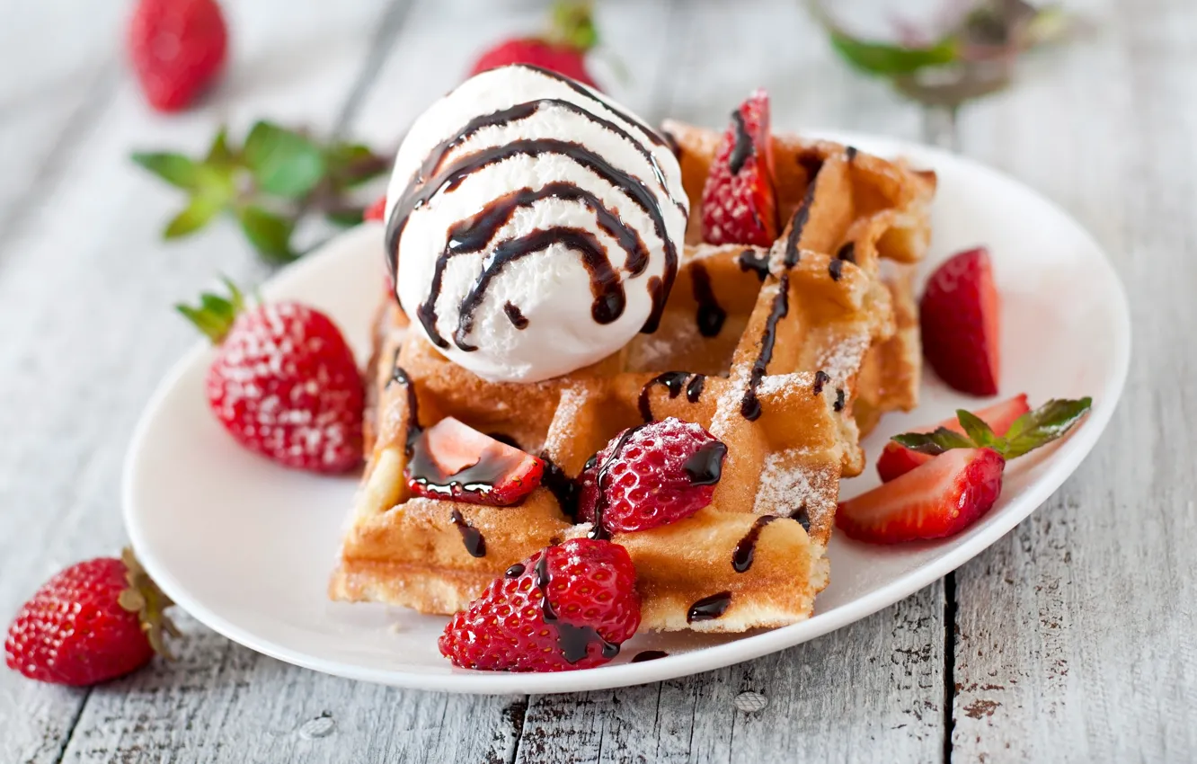 Photo wallpaper berries, Board, strawberry, plate, ice cream, plug, mint, waffles