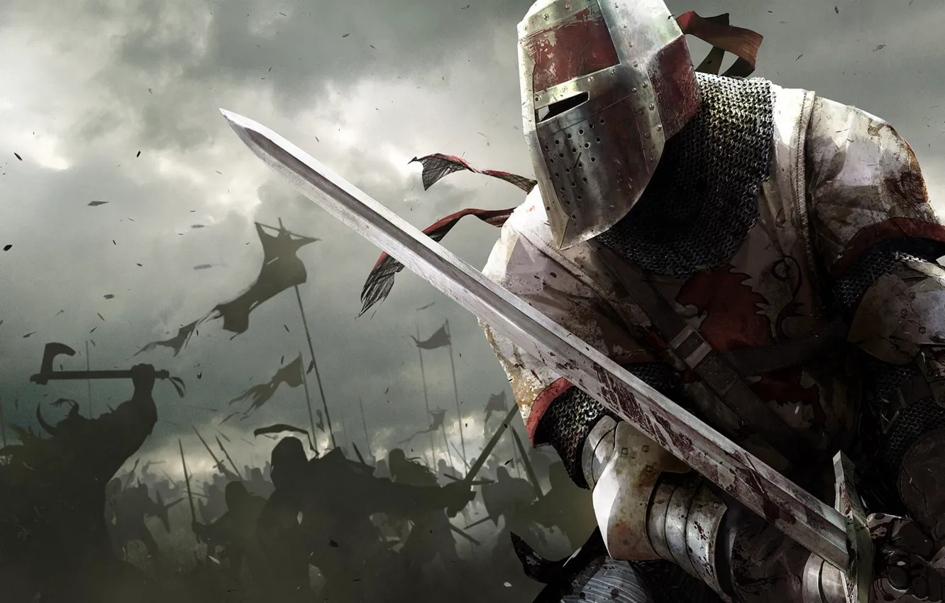 Photo wallpaper the sky, weapons, armor, battle, Warrior, battle, knight