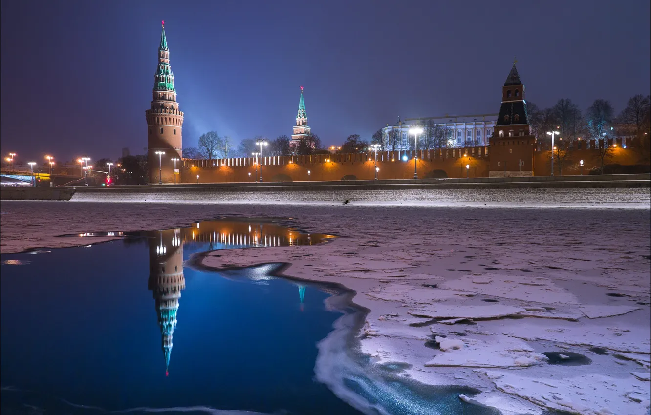 Photo wallpaper winter, the city, river, wall, ice, the evening, lighting, lights