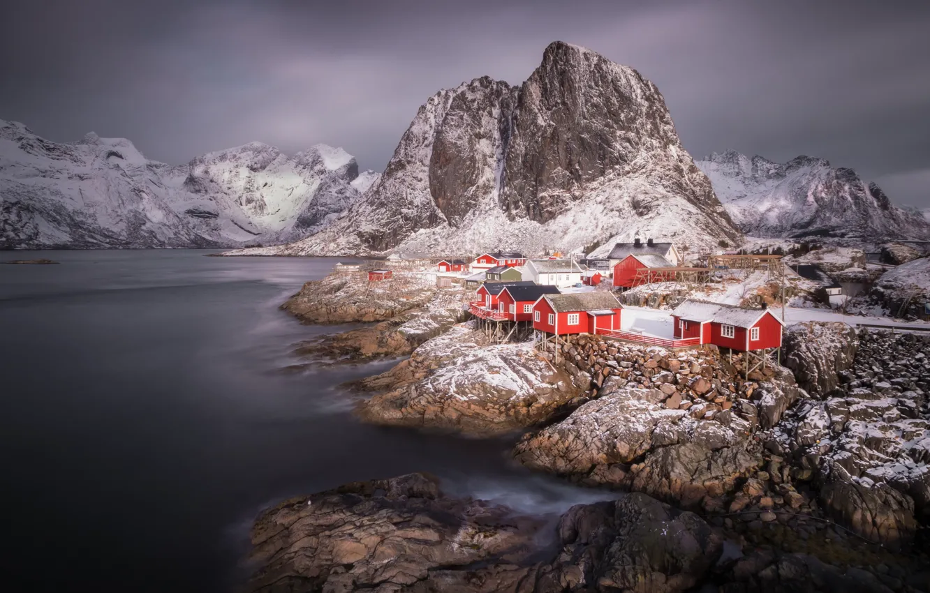 Photo wallpaper winter, clouds, snow, landscape, mountains, nature, stones, overcast