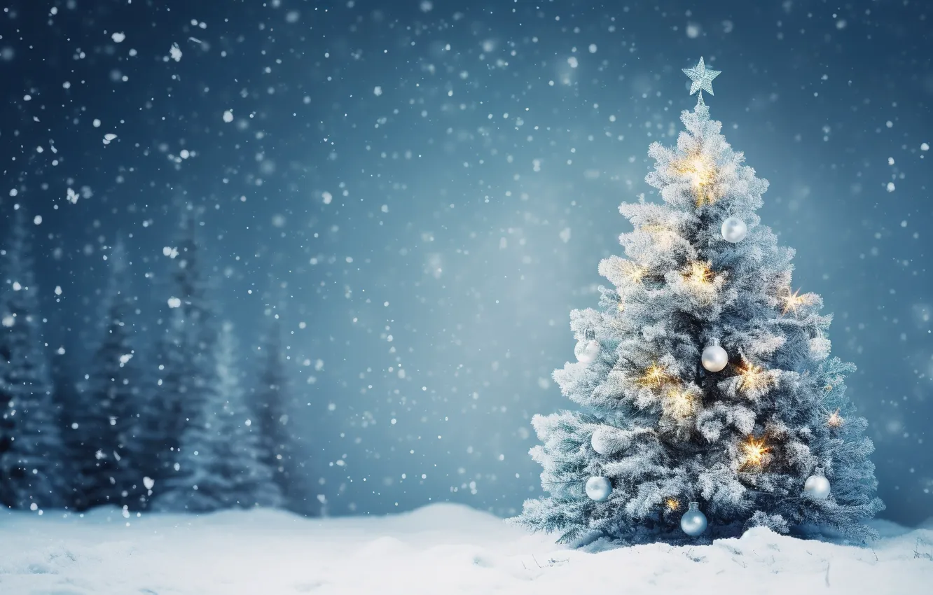 Photo wallpaper winter, snow, decoration, lights, balls, tree, New Year, Christmas