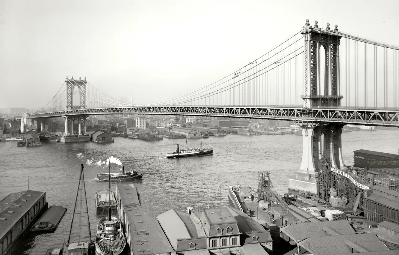 Photo wallpaper bridge, retro, river, ship, New York, USA, 1908-the year