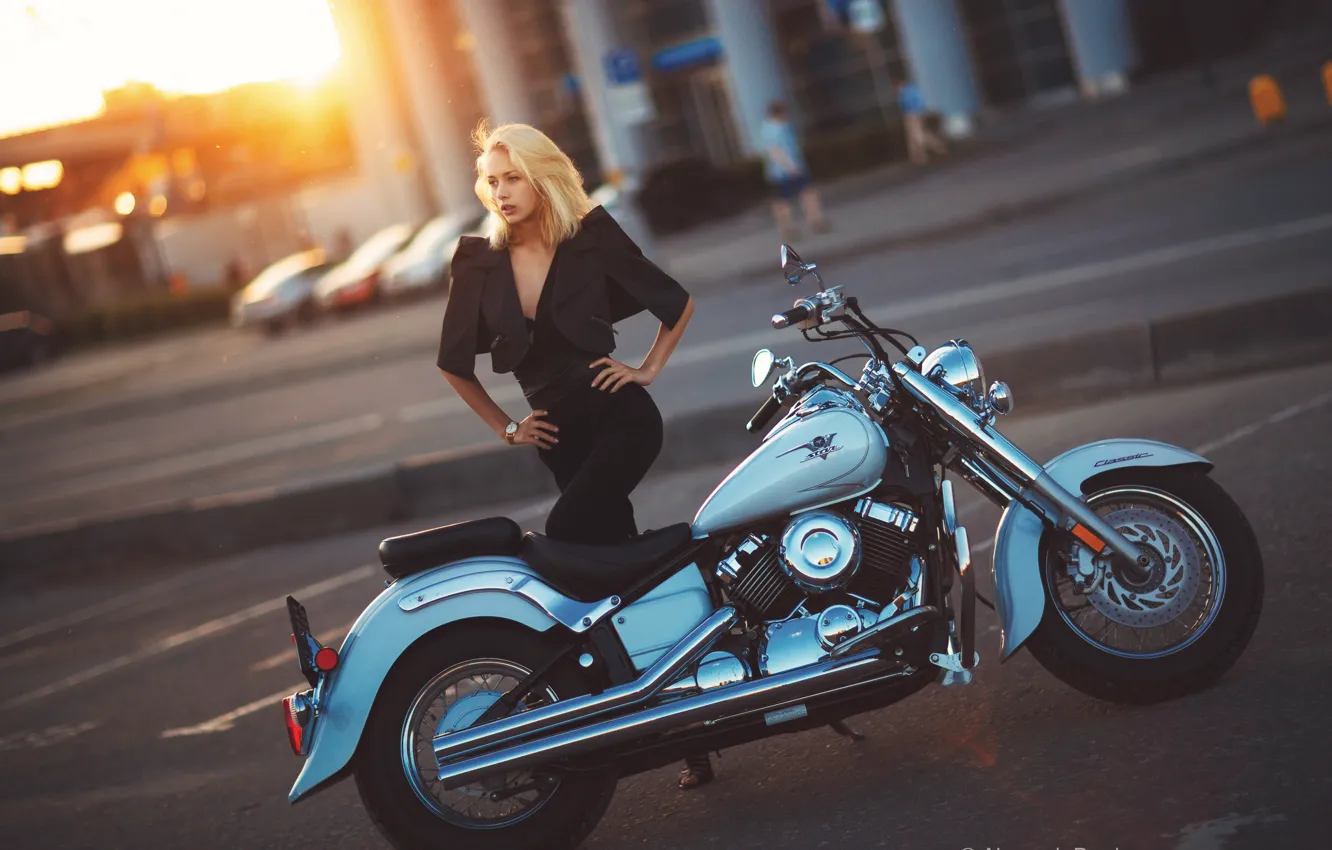 Photo wallpaper girl, pose, figure, blonde, motorcycle, Alexander Burdov, Yamaha V-Star