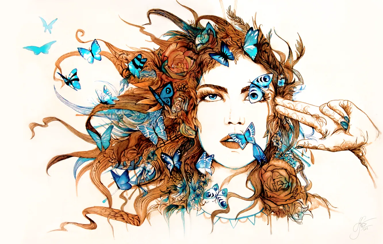 Photo wallpaper Look, Face, Hair, White background, Butterfly Red