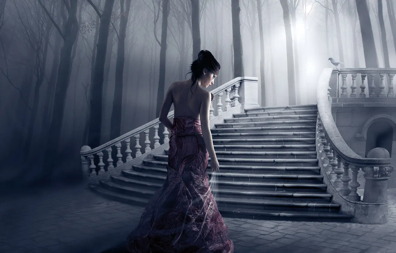 Photo wallpaper girl, light, trees, bird, ladder, steps
