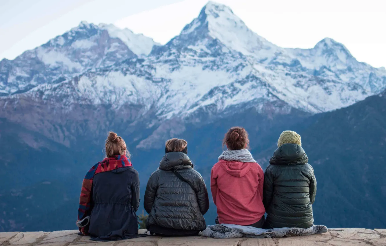 Photo wallpaper girl, mountains, sitting