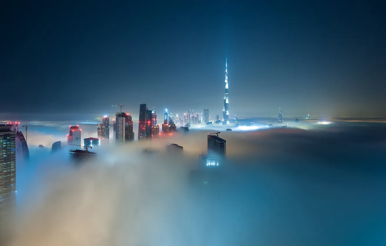 Photo wallpaper lights, fog, skyscrapers, Dubai