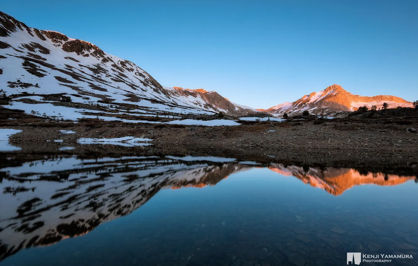Photo wallpaper water, snow, reflection, photographer, Yosemite, Kenji Yamamura, Saddlebag Lake