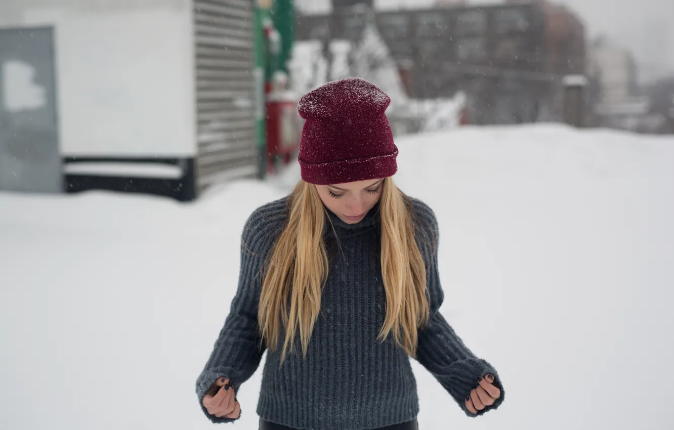 Photo wallpaper winter, hat, blonde, sweater