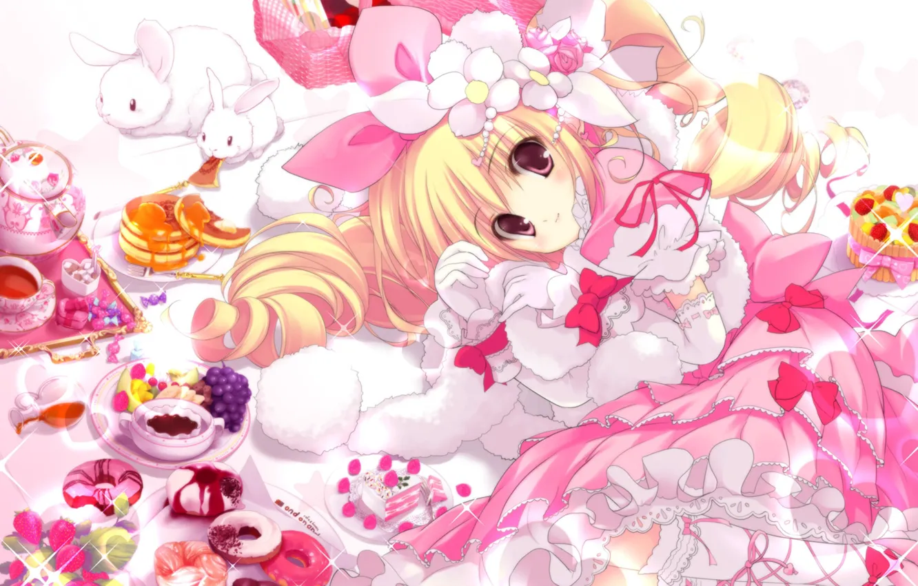 Photo wallpaper tenderness, rabbit, girl, sweets, donuts