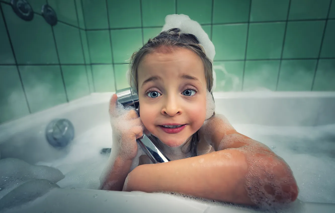 Photo wallpaper foam, children, youth, tile, the game, shower, grey eyes, girl in the bathroom